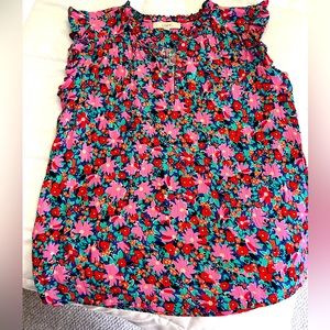 Loft - crinkle mixed media - bright floral sleeveless blouse